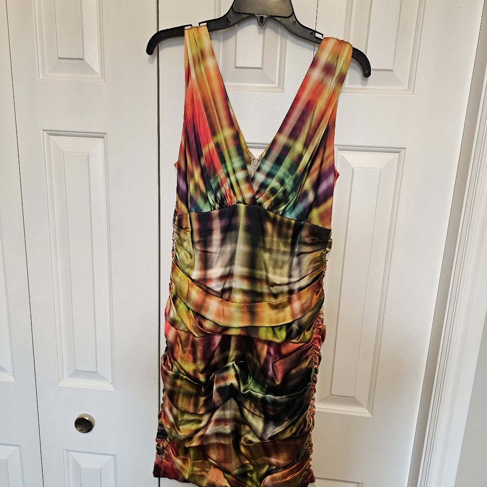 Designer Rickie Freeman Teri Jon silk rainbow rushed fitted dress size 12